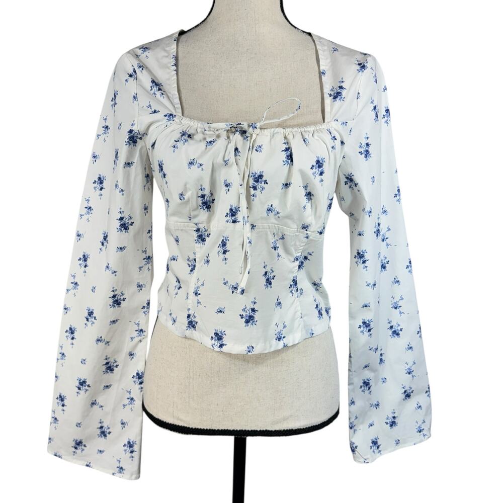 Wild Fable Medium Cropped Top Floral Flared Sleeves Square Neck Smocked Stretch